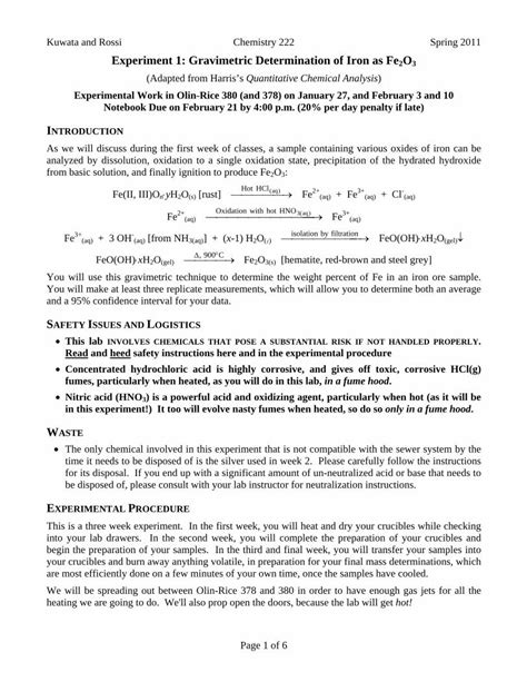 Experiment 1: Gravimetric Determination of Iron as 